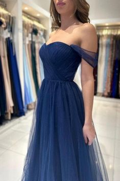 Charming Royal Blue Sweetheart Off-The-Shoulder Long Length A Line Tulle Prom Dress | Babyonlinewholesale Formal Dresses Blue Short, Navy Blue Prom Dresses Long, Tulle Prom Dress Long, Blue Off The Shoulder Dress, Prom Dress Inspo, Shoulder Off, Prom Dresses Sleeveless, Looks Party, Prom Dress Inspiration