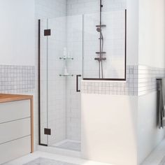 a white tiled bathroom with a walk in shower