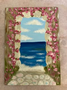 a painting of an open door with flowers on it and the ocean in the background