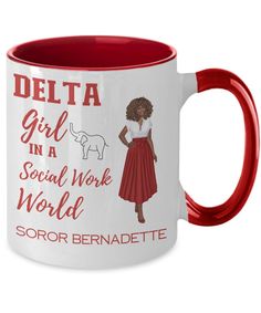 a red and white coffee mug that says delta girl in a teaching world