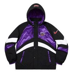 Supreme x Nike Hooded Sport Jacket 'Black Purple White' SUP-SS19-10139 Black Hooded Windbreaker For Winter, Hooded Black Windbreaker For Winter, Black Windbreaker With Detachable Hood For Winter, Black Winter Windbreaker With Detachable Hood, Black Hooded Windproof Outerwear, Black Windbreaker With Drawstring Hood For Cold Weather, Black Windproof Hooded Parka, Black Nylon Hooded Jacket For Cold Weather, Black Windproof Windbreaker For Streetwear