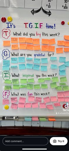 a bulletin board with sticky notes attached to it and the words tgif time