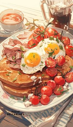 a plate with eggs, bacon and tomatoes on it next to a cup of coffee