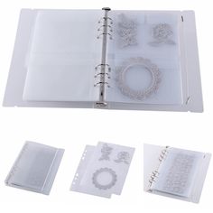 an open binder with various cutouts and paper on it, all in clear plastic