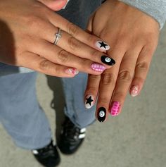 Nicole | Utah Luminary Nails | Some cool girl nails for sure 🎱🩷 • • • • • #luminarynailsystems #luminarynails #nailart #handpaintednails #foryou #foryoupage #trendynails… | Instagram Cute Nail Square Designs, Nail Inspo Different Designs On Each Finger, Single Design Nails, Crazy Nail Inspiration, Trendy Funky Nails, Black With Color Nails, Nail Designs For Super Short Nails, Different Nails On Each Finger, Cute Unique Nail Ideas