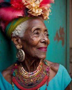 an old woman wearing a colorful head piece