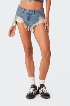 PRODUCT INFO Micro shorts Low rise waist Distressed detailing Denim fabric 100% Cotton Model wears size S Model height is 5'9 Item care: Wash with similar color Low Rise Jean Shorts, Shorts Low Rise, Micro Shorts, Jean Short Outfits, Swimwear Dress, Wide Jeans, Mini Slip Dress, Low Rise Jeans, Distressed Shorts