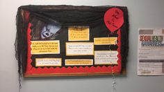 a bulletin board with notes and a heart shaped balloon attached to it