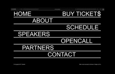 a black and white sign that says home, buy tickets, schedule speakers, opencall partners contact