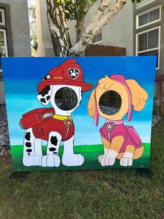 a painting of a dog and a fireman on a blue background with green grass in front of a house