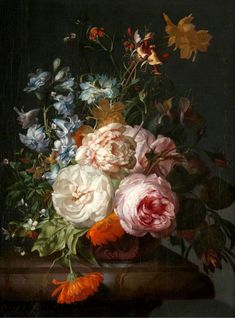 a painting of flowers in a vase on a table