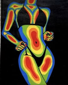 an abstract painting of a woman with colorful colors on her body and hands in the air