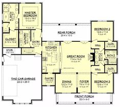 the first floor plan for a house with two master suites and an open concept kitchen