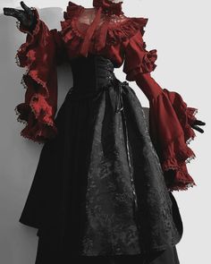 Warlock Aesthetic Outfit, Black Villain Outfit, Vampire Aesthetic Outfit Woman, Black And Red Goth Outfit, Black And White Goth Outfit, Gothic Dress Aesthetic, Red Dress Gothic, Villain Outfit Ideas, Outfit Silhouettes