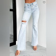 Description: 91% Cotton, 6% Polyester, 3% Spandex Brand: Risen Color: Light Mid-Rise Button-Fly Distressed Detail Flared Fit Jeans Have Stretch 10" Mid-Rise 32" Inseam These Are A Size 15 (32) And Are Nwt Light Wash Relaxed Fit Mid-rise Flare Jeans, Spring Non-stretch Ripped Flare Jeans, Cheap Mid-rise Flare Jeans With Frayed Hem, Ripped Mid-rise Flare Jeans In Rigid Denim, Spring Straight-cut Rigid Denim Flare Jeans, Women Rising, Flare Jeans, Fit Jeans, Jeans Fit