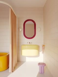 a bathroom with a sink, mirror and yellow stool in it's shadow on the floor