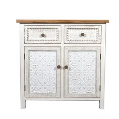 an old white cabinet with two doors and drawers on the front, against a white background