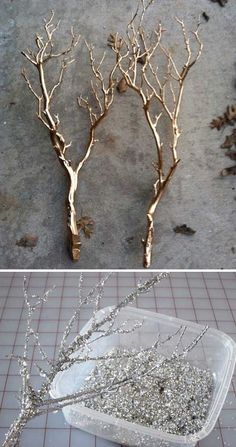 two pictures showing different types of tree branches in various stages of being used to make an ornament