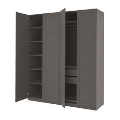 an open cabinet with two doors and shelves on the front, one door is closed