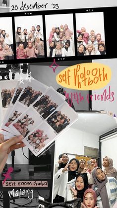 a collage of photos with people holding up pictures in front of them and the words self - portrait with friends written on it