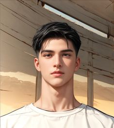 a digital painting of a young man wearing a white t - shirt and looking at the camera