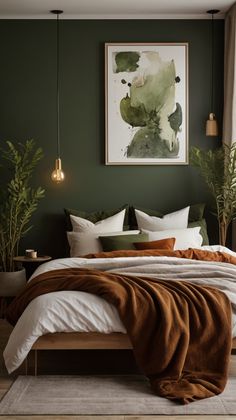 a bedroom with dark green walls and white bedding, plants on the nightstands