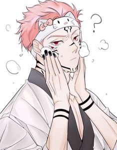 an anime character with pink hair holding his hands to his face