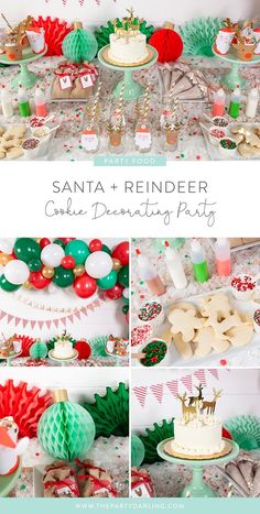 a christmas themed party with santa and reindeer cake, decorations, and other holiday items