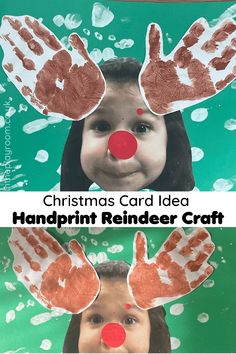 handprint reindeer craft for kids to make with the child's hands and nose