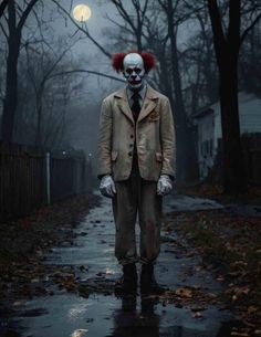 a creepy clown in a suit and tie walking down a street at night with the moon behind him