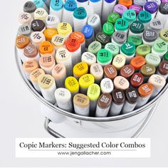 a bucket filled with lots of different colored crayons in each container and the words copic markers suggest color combos