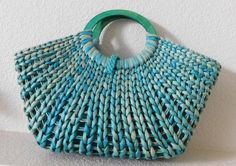 "Beautiful handmade summer bag Woven natural fiber Fabric lining Loop closure A big round wooden hook Color dyed light turquoise mixed Normal wear signs but condition is great Dimension - length 18\" height 15\" depth 4\" handle 6.5\"" Green Woven Handheld Straw Bag, Green Handheld Woven Straw Bag, Handheld Green Woven Straw Bag, Blue Summer Bags With Bamboo Handle, Blue Straw Bag With Leather Handles For Summer, Handmade Blue Basket Beach Bag, Blue Vacation Bag With Bamboo Handle, Blue Vacation Bags With Bamboo Handle, Turquoise Beach Bag For Summer Vacation