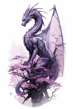 a purple dragon sitting on top of a tree