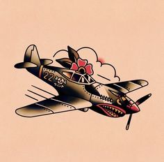 a drawing of an airplane with a flower on it's nose and wings flying in the sky