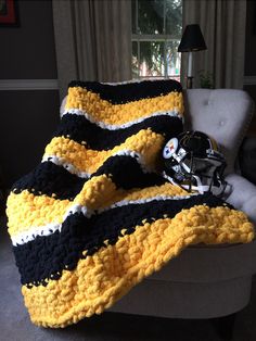 Pittsburgh Football Blanket | Black and Yellow Blanket - Hands On For Homemade Steelers Blanket, Sports Blanket, Yellow Blanket, Crochet Football, Football Blanket, Super Chunky Knit, Yellow Blankets