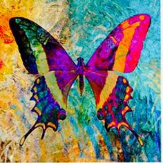 an abstract painting of two colorful butterflies