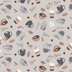 a pattern with coffee cups and mugs on a gray background