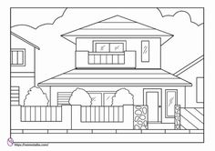 a drawing of a house with trees and bushes