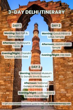 an advertisement for the 3 day delhi itinerary