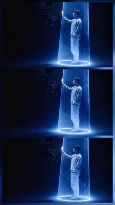 four different shots of a man standing in front of a blue light