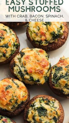 an easy stuffed mushroom with crab, bacon, spinach and cheese on a white plate