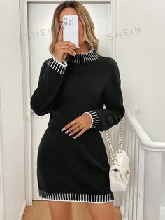 Style:Casual \nWaist Line:Natural \nHem Shaped:Pencil \nNeckline:Stand Collar \nDetails:Rib-Knit \nSleeve Type:Drop Shoulder \nColor:Black \nPattern Type:Colorblock \nPattern Type:Striped \nSleeve Length:Long Sleeve \nLength:Knee Length \nFit Type:Regular Fit \nFabric:Medium Stretch \nMaterial:Fabric \nComposition:100% Polyester \nCare Instructions:Hand wash or professional dry clean \nTemperature:Spring/Fall (18-25℃/63-77℉) \nSheer:No \n Striped Dress Winter, Short Sweater Dress, Trim Waist, Sweater Dress Casual, Midi Sweater Dress, Striped Sweater Dress, Dress Autumn, Striped Turtleneck, Sweater Dress Women