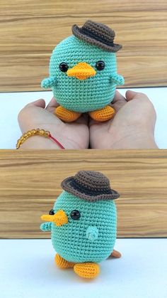 a crocheted blue bird with a hat on it's head is shown