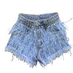 Rhinestones Ostrich Feathers Denim Shorts Has Stretch Cut A Little Small Recommend Size Up Spring Party Denim Jean Shorts, Summer Denim Bottoms With Rhinestones, Summer Denim Jean Shorts With Rhinestone Fringe, High Waist Jean Shorts With Rhinestone Fringe For Summer, Spring Denim Shorts With Rhinestone Fringe, Casual Jean Shorts With Rhinestone Fringe For Summer, Summer Short Jeans With Rhinestone Fringe, Rhinestone Fringe Denim Jean Shorts For Spring, Summer Jeans With Rhinestone Fringe