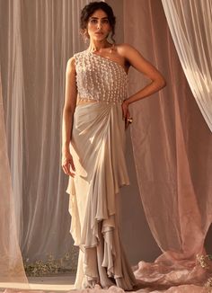 Grey Draped Crepe One Shoulder Cut Out Gown With Tassels Nidhika Shekhar - Fabilicious Fashion Designer Indo Western Outfits For Women, Draping Gown, Drape Sarees, Western Gown, Draped Gown, Ruffled Gown, Grey Drapes, Drape Gowns, Gown For Women