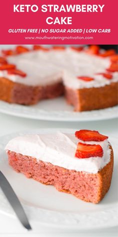 A delicious fluffy soft keto strawberry cake made with fresh strawberry purée topped with a light whipped cream & cream cheese frosting blended with additional strawberry purée then topped with more fresh strawberries. This is by FAR one of the best keto cakes I've ever made! It's a great low carb summer dessert. Strawberry Cake Keto, Low Carb Strawberry Cake, Best Keto Cake, Low Calorie Strawberry Cake, Keto Strawberry Mug Cake, Keto Strawberry Cobbler, Strawberry Keto Cake, Strawberry Keto Dessert, Keto Valentine Desserts