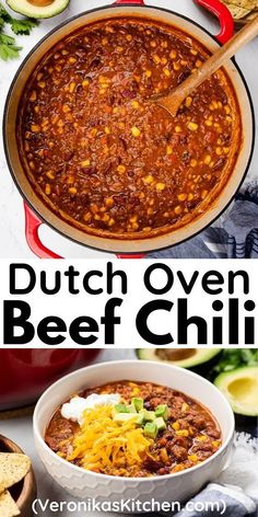 two pictures with the words dutch oven beef chili