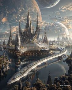 an artist's rendering of a futuristic city surrounded by space and planets in the background