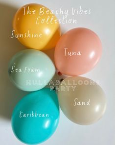 four balloons with names on them sitting next to each other