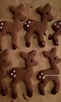 six cookies shaped like reindeers with chocolate frosting on them and sprinkled with white dots